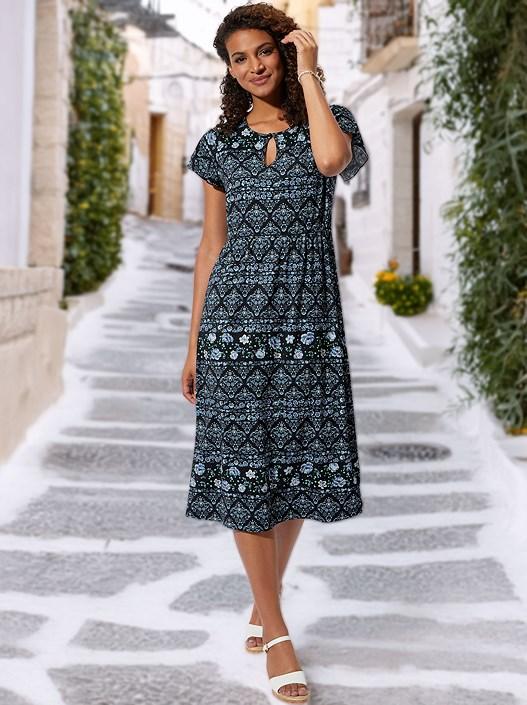 creation l Denim Blue-Black-Printed Boho Print Keyhole Dress from creation L