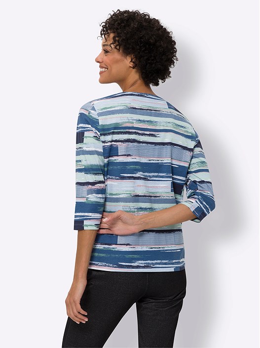 Creation L Denim Blue-Chalky Mint-Printed Printed 3/4 Sleeve Shirt