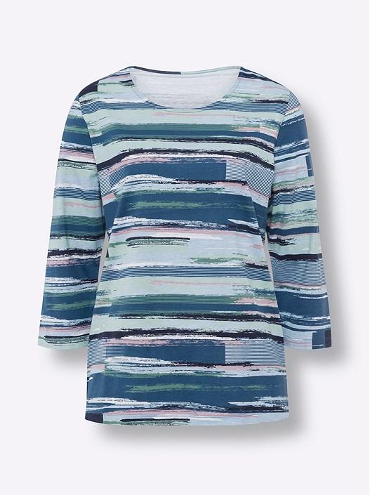 Creation L Denim Blue-Chalky Mint-Printed Printed 3/4 Sleeve Shirt