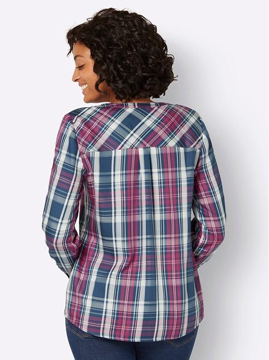 Creation L Denim Blue-Fuchsia-Checked Checkered Tab Sleeve Blouse