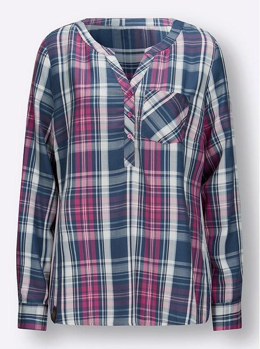 Creation L Denim Blue-Fuchsia-Checked Checkered Tab Sleeve Blouse