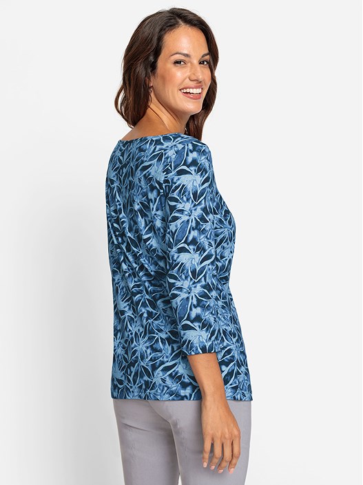 Creation L Denim Blue-Printed Floral 3/4 Sleeve Shirt