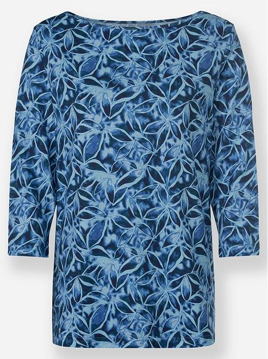 Creation L Denim Blue-Printed Floral 3/4 Sleeve Shirt
