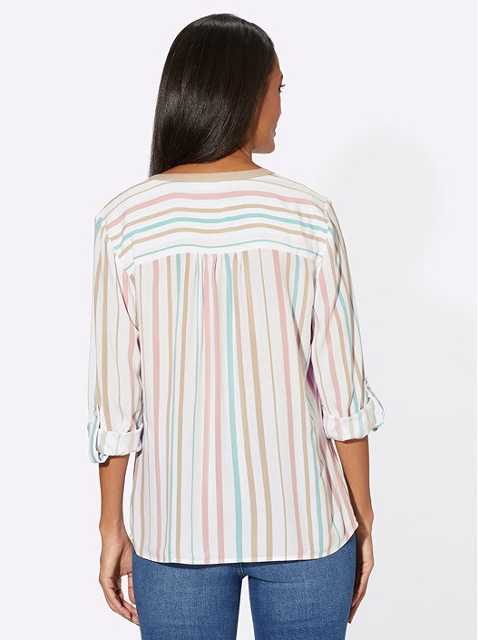 Creation L Ecru-Beige-Striped Striped Tab Sleeve Blouse
