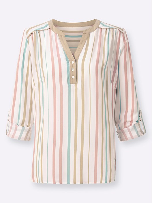 Creation L Ecru-Beige-Striped Striped Tab Sleeve Blouse