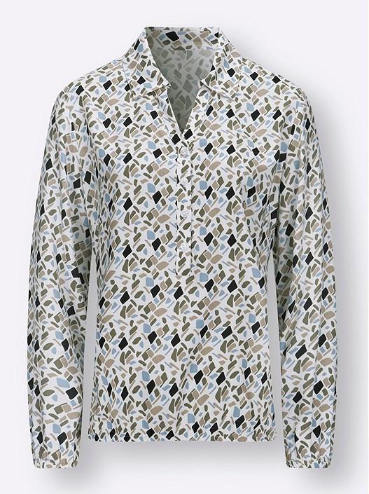 Creation L Ecru/Blue-Print Printed Button Panel Blouse