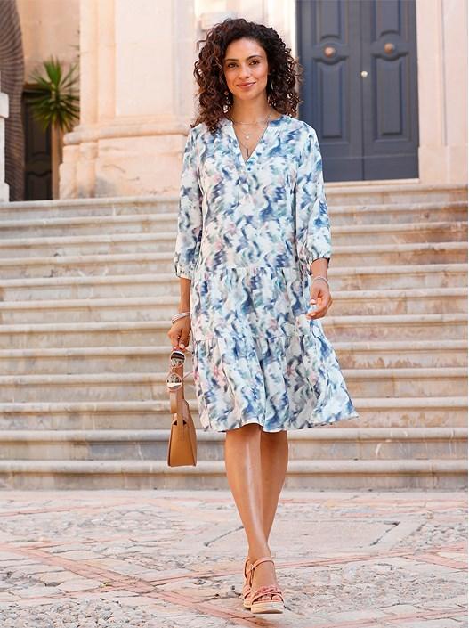 creation l Ecru-Denim-Blue-Printed Printed Tiered Dress from creation L