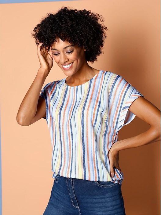 creation l Ecru-Denim Blue-Striped Striped Drop Shoulder Blouse