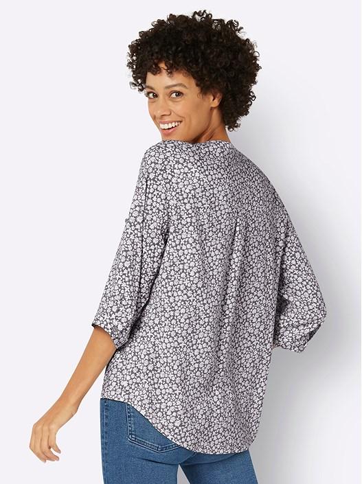 Creation L Ecru-Grey-Printed Floral Tab Sleeve Blouse