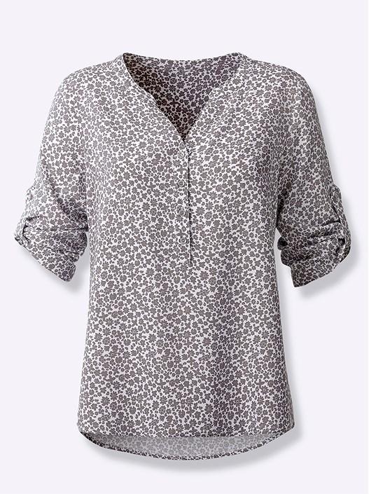 Creation L Ecru-Grey-Printed Floral Tab Sleeve Blouse