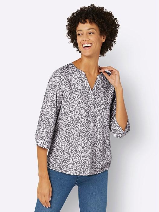 creation l Ecru-Grey-Printed Floral Tab Sleeve Blouse