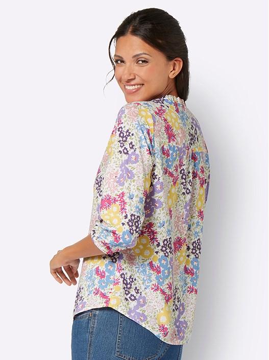 Creation L Ecru-Pale Lilac-Printed Floral Tie Neck Blouse