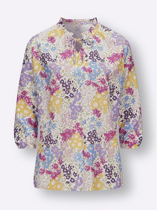 Creation L Ecru-Pale Lilac-Printed Floral Tie Neck Blouse