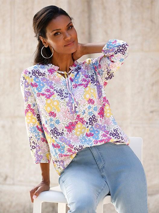 creation l Ecru-Pale Lilac-Printed Floral Tie Neck Blouse