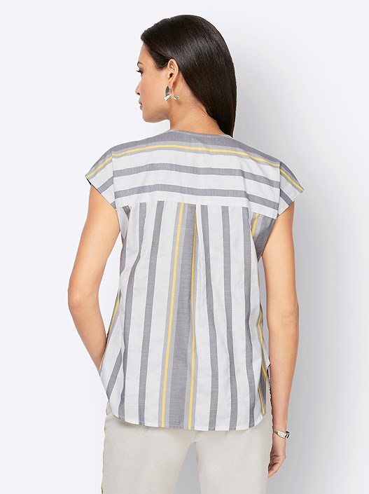 Creation L Ecru-Stone Grey-Striped Striped Decorative Button Blouse