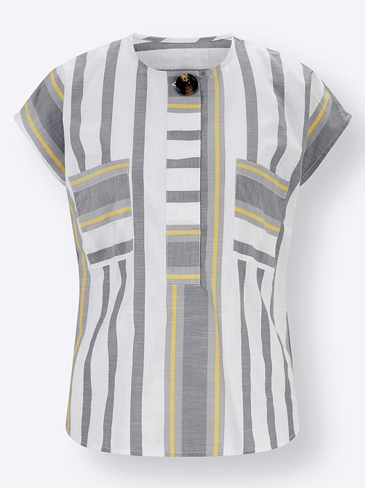 Creation L Ecru-Stone Grey-Striped Striped Decorative Button Blouse