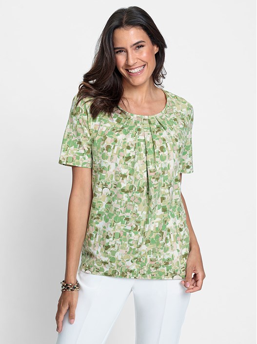 Creation L Eucalyptus-Beige-Printed Pleated Print Shirt