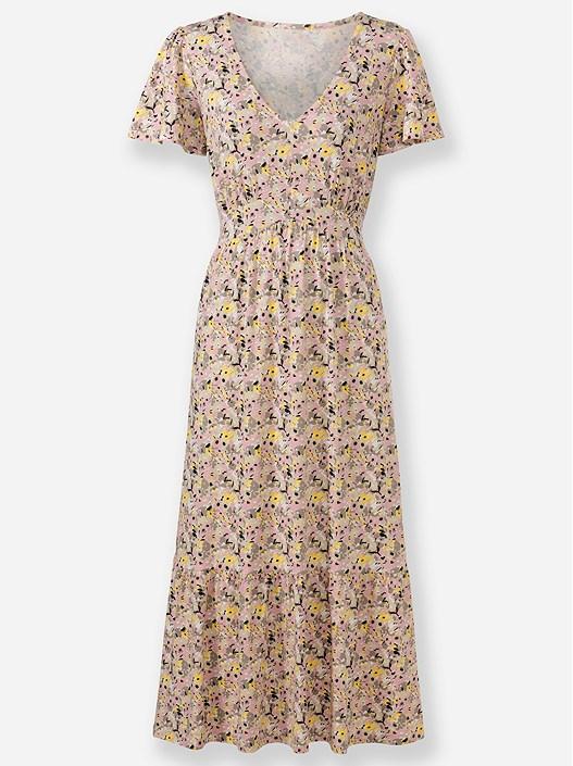 Creation L Hortensia-Yellow-Printed Floral V-Neck Midi Dress From Creation L