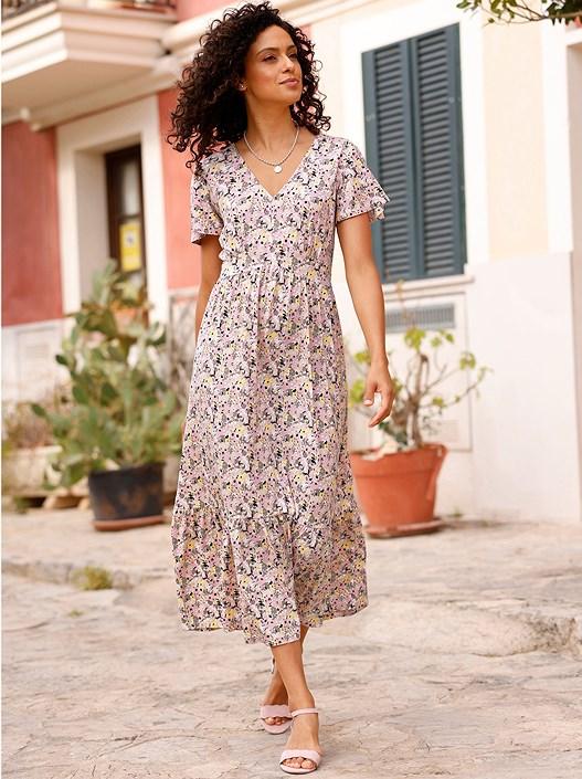 creation l Hortensia-Yellow-Printed Floral V-Neck Midi Dress from creation L