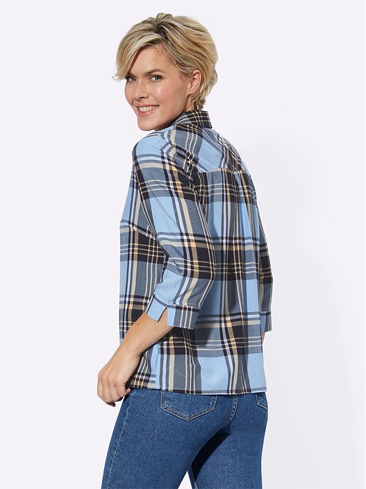 Creation L Ice Blue-Apricot-Checked Checkered Button Up Blouse