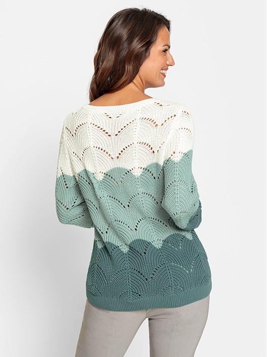 Creation L Jade-Ecru-Patterned Color Block Ajour Knit Sweater From Creation L