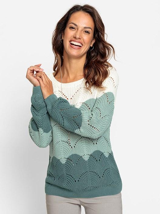 Creation L Jade-Ecru-Patterned Color Block Ajour Knit Sweater From Creation L