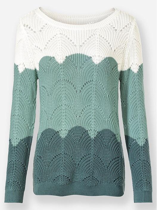 Creation L Jade-Ecru-Patterned Color Block Ajour Knit Sweater From Creation L