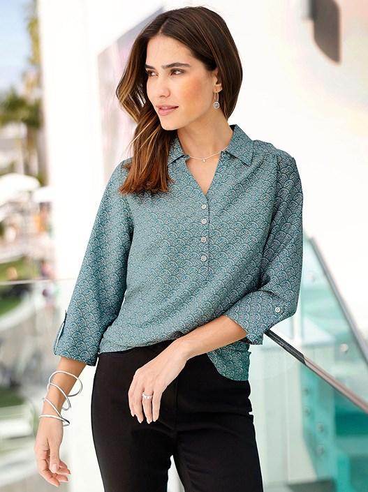 creation l Jade-Sand-Printed Button Panel Print Blouse