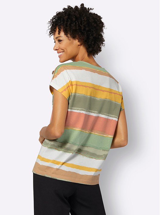 Creation L Khaki-Ecru-Printed Striped Drop Shoulder Shirt