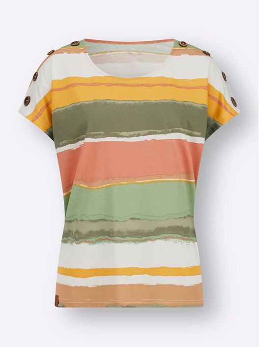 Creation L Khaki-Ecru-Printed Striped Drop Shoulder Shirt