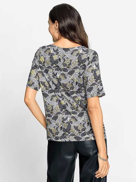 Creation L Khaki-Linden Green-Printed Floral Boat Neck Shirt