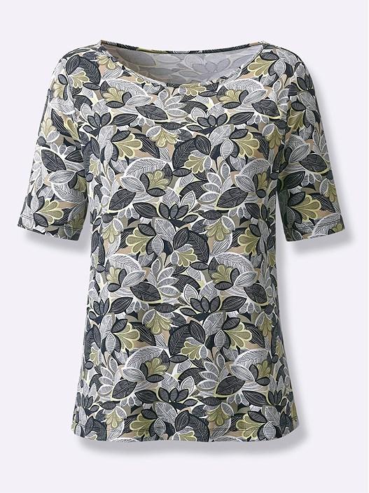 Creation L Khaki-Linden Green-Printed Floral Boat Neck Shirt