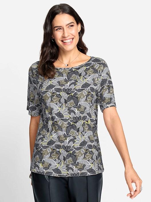 creation l Khaki-Linden Green-Printed Floral Boat Neck Shirt