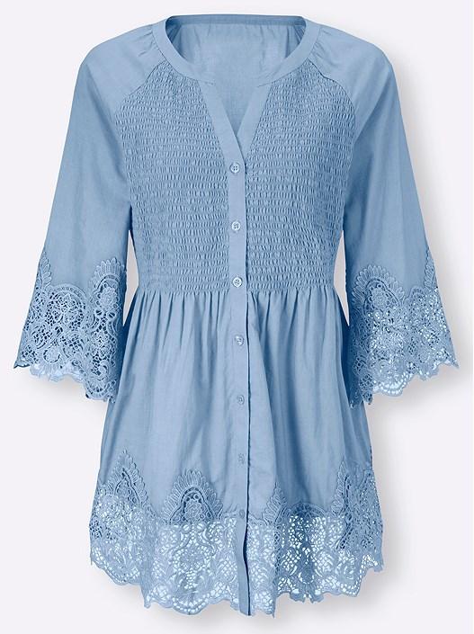 Creation L Light Blue Lace Trim Flare Sleeve Blouse