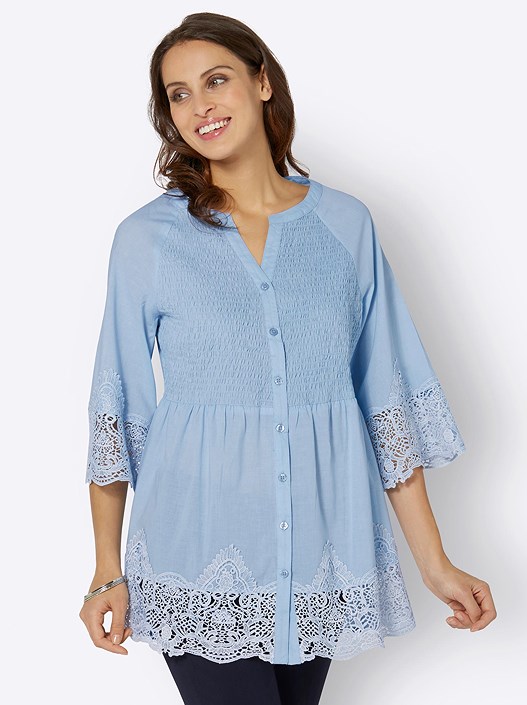 Creation L Light Blue Lace Trim Flare Sleeve Blouse