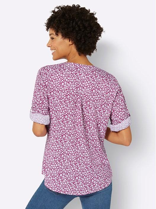 Creation L Magenta-Ecru-Printed Floral Tab Sleeve Blouse