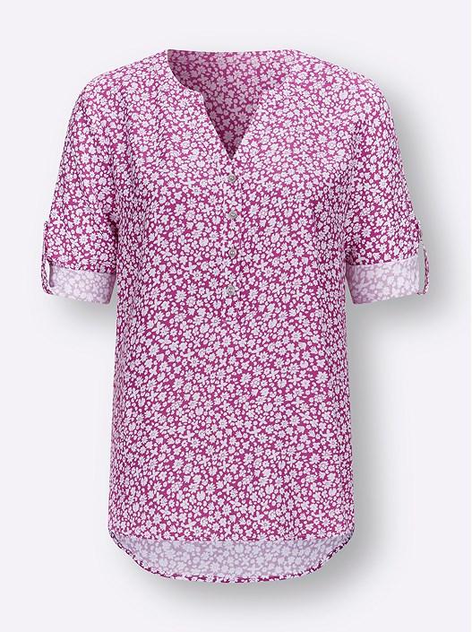 Creation L Magenta-Ecru-Printed Floral Tab Sleeve Blouse