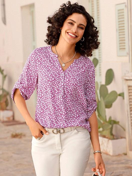 creation l Magenta-Ecru-Printed Floral Tab Sleeve Blouse