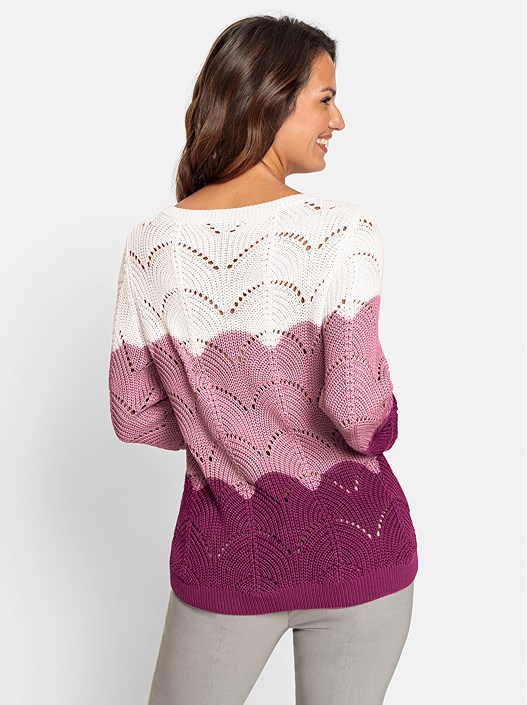 Creation L Mallow-Ecru-Patterned Color Block Ajour Knit Sweater From Creation L