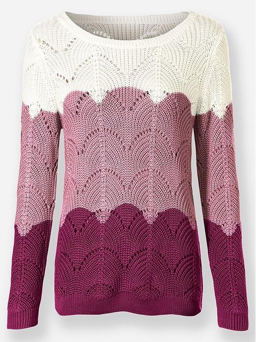 Creation L Mallow-Ecru-Patterned Color Block Ajour Knit Sweater From Creation L