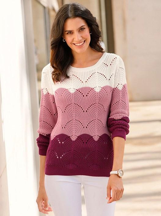 creation l Mallow-Ecru-Patterned Color Block Ajour Knit Sweater from creation L