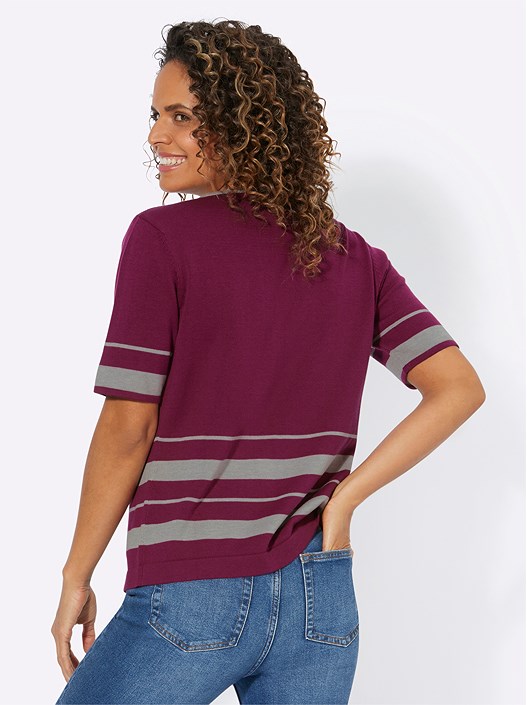 Creation L Mallow-Stone Grey-Patterned Striped Short Sleeve Sweater From Creation L