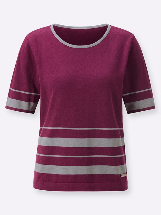 Creation L Mallow-Stone Grey-Patterned Striped Short Sleeve Sweater From Creation L