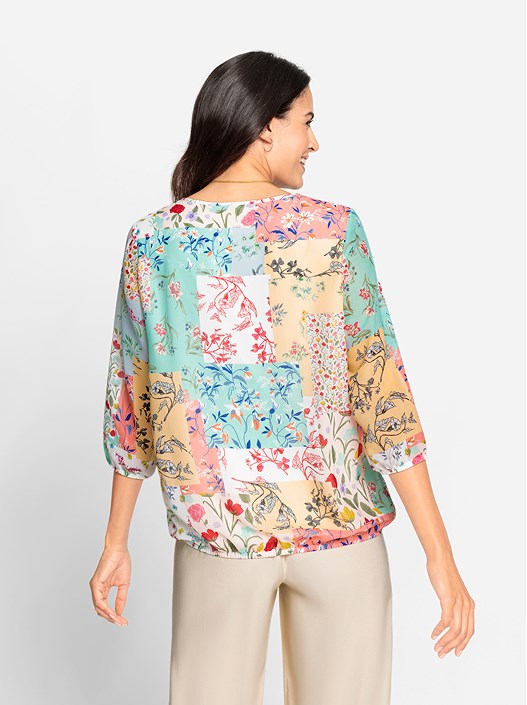 Creation L Mint/Rose Print Pleated Boho Print Blouse