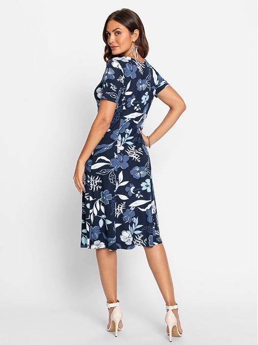 Creation L Navy-Blue-Denim-Blue-Printed Tropical Print Flare Dress From Creation L