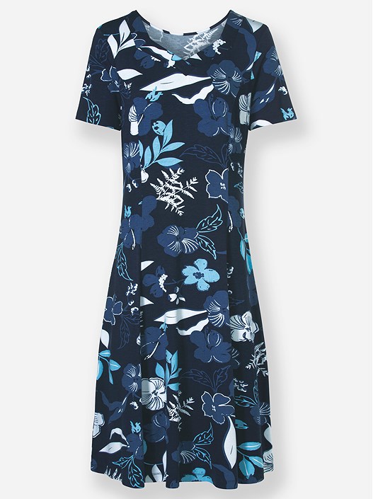 Creation L Navy-Blue-Denim-Blue-Printed Tropical Print Flare Dress From Creation L