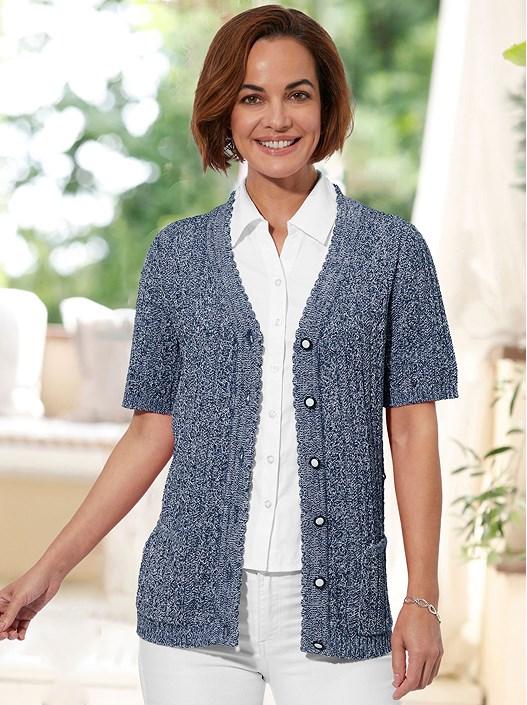 creation l Navy Blue-Light Blue-Mottled Button Up Short Sleeve Cardigan from creation L