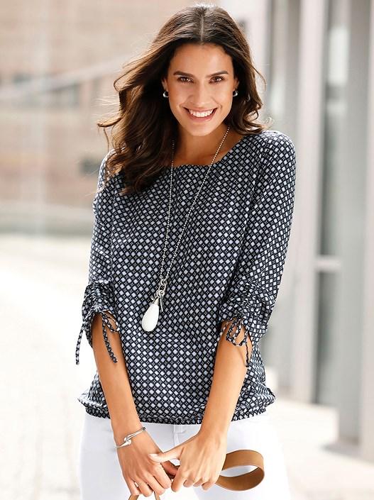 creation l Navy-Blue-Printed Gathered Sleeve Blouse