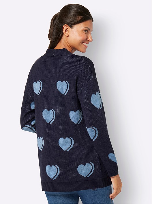 Creation L Navy Blue-Sky Blue-Patterned Heart Print Long Cardigan From Creation L