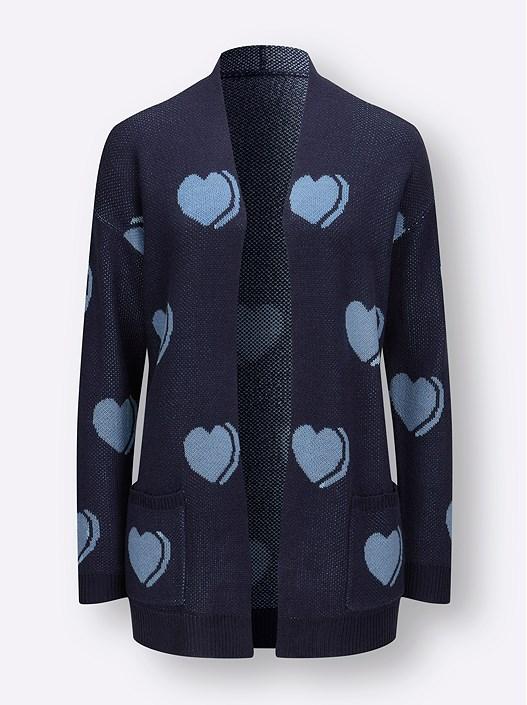 Creation L Navy Blue-Sky Blue-Patterned Heart Print Long Cardigan From Creation L